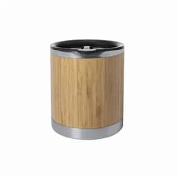 A drink bottle with a bamboo exterior and a metal rim, featuring a lid. It has a sleek, modern design.