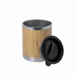 A drink cup with a bamboo-like exterior and a black lid, featuring a silver band at the top.