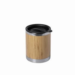 A drink bottle with a bamboo exterior, silver accents, and a black lid. Features a sleek cylindrical design.