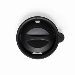 A black coffee mug lid with two openings, featuring a handle for easy handling.