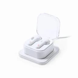 A pair of white wireless earbuds in a clear charging case on a white base.