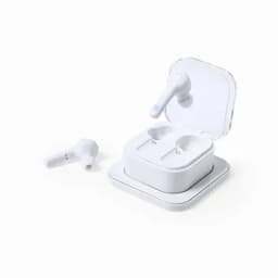 A set of white wireless earbuds in a charging case, with one earbud placed outside the case. The case has a logo.