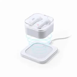 A wireless earbud charging case in white with wireless charging pad beneath it, featuring a transparent lid.