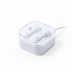 A pair of white wireless earbuds in a clear case, with a white charging cable attached.