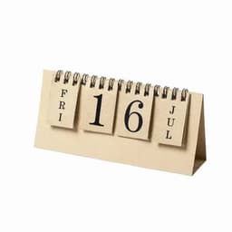 A desk calendar featuring a spiral binding, with paper cards displaying the day, date, and month in black text.
