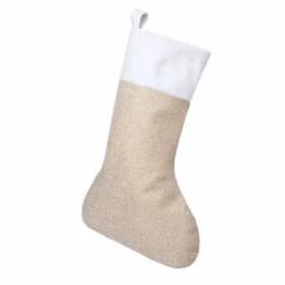 A Christmas stocking in beige and white, featuring a textured design and a hanging loop.