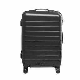 A black travel suitcase with a textured surface and a logo, featuring four wheels for easy mobility.