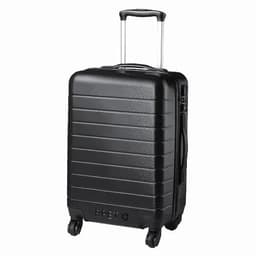 A black hard-shell suitcase with a retractable handle and four wheels for easy mobility.