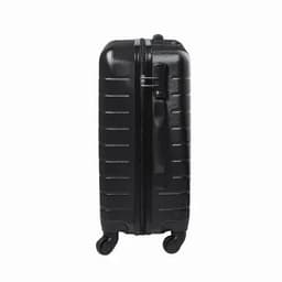 A black luggage suitcase with a textured finish, featuring a lock and four wheels for easy mobility.