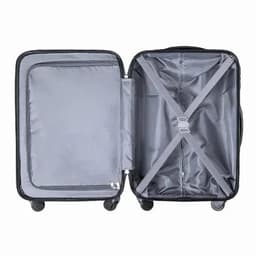 A black suitcase with a grey interior, featuring an open design and cross straps for securing items.