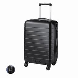 A black suitcase with a hard shell, retractable handle, and four rolling wheels. Features a logo on the front.