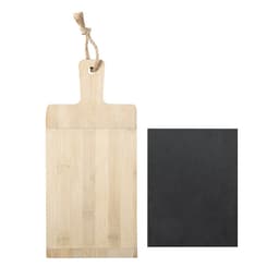 A bamboo cutting board with a handle and a black slate serving board, both featuring natural textures.