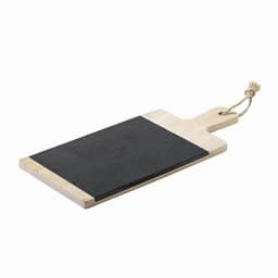 A wooden serving board with a black slate surface and a jute rope handle.