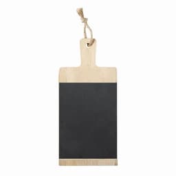 A wooden serving board with a chalkboard surface and a hanging rope. The top is light wood and the bottom is black.