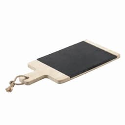 A rectangular chopping board with a light wooden handle and a dark black surface, featuring a rope for hanging.