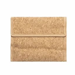 A cork laptop sleeve in light brown, featuring a fold-over flap and a textured surface.