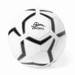 A football with a classic black and white design, featuring a logo on one panel.