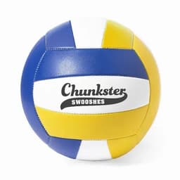 A volleyball featuring blue, yellow, and white panels, with a logo displayed on its surface.