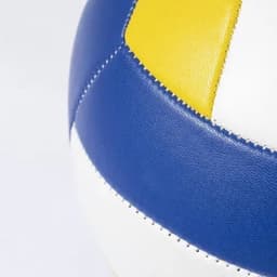 A volleyball featuring blue, yellow, and white panels with visible stitching.