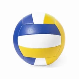 A volleyball in blue, white and yellow, featuring a classic stitched design. The ball has a branding logo visible.