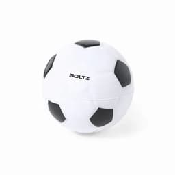 A soccer ball with a classic black and white design, featuring a prominent logo on one side.