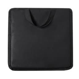 A black promotional product with a handle, featuring a textured surface and a square shape. It has a logo.
