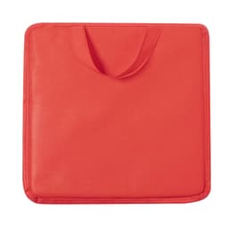 A square, red promotional product with a handle, featuring a textured surface. It has a logo on one side.