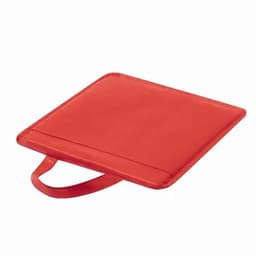 A red protective square mat with a handle, designed for easy carrying and use.