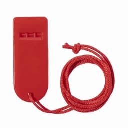 A red whistle with a braided red cord attached, featuring a three-hole design for sound variation.
