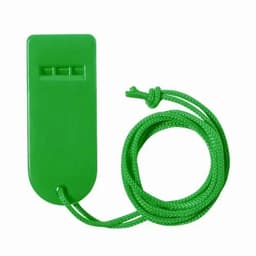 A green promotional product with a string attached, featuring a rectangular shape and three slots on one side.