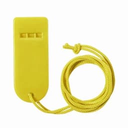 A yellow product with a rope attached, featuring a smooth, rectangular shape and three slots on one side.