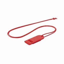 A red whistle on a red cord, designed for easy wear and accessibility.