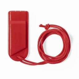 A red promotional product with a rope attached, featuring a smooth, rectangular design.