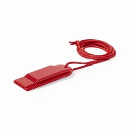 A red whistle with a cord attached, designed for safety and signalling purposes.