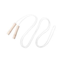 A skipping rope with wooden handles and a white rope, coiled on a flat surface.