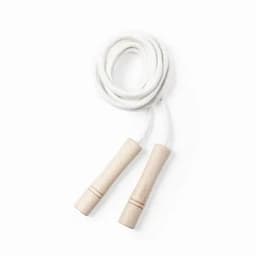 A skipping rope with wooden handles and a white, braided rope. It features a simple design with no branding visible.