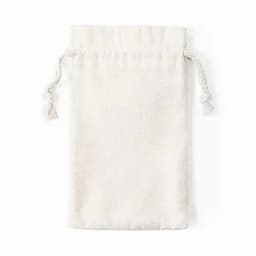 A drawstring pouch in cream colour made from soft fabric, featuring braided drawstrings on the top.