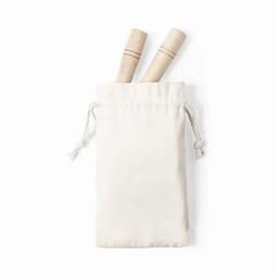 A natural fabric pouch containing two wooden rolling pins. The pouch has a drawstring closure.