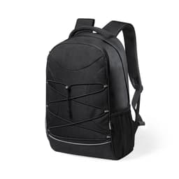 A black backpack featuring a sleek design, mesh side pocket, and adjustable straps. It has a logo on the front.