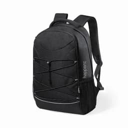 A black backpack with a sleek design, featuring adjustable straps and a mesh side pocket, with a branding logo.