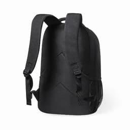 A black backpack with adjustable straps and mesh side pockets, featuring a minimalist design and no visible logo.