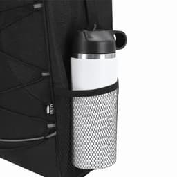 A black backpack with a white drink bottle in a mesh side pocket, featuring a black cap.