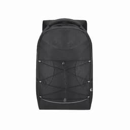 A black backpack with a textured finish, featuring a logo and elastic bungee cord on the front.