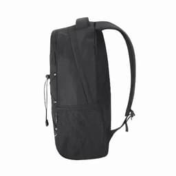 A black backpack with a sleek design, featuring adjustable straps and a textured surface. It has a logo visible on the side.