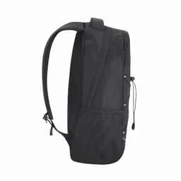 A black backpack with a sleek design and a mesh side pocket, featuring a logo.