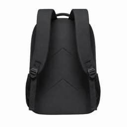 A black backpack with padded shoulder straps and side mesh pockets. It features a minimalist design and a logo.