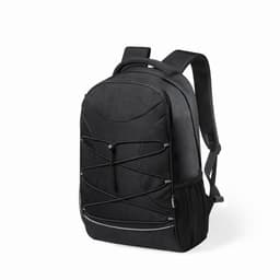 A black backpack featuring a textured surface and adjustable straps, with a logo on the front.