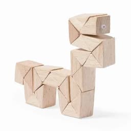 A wooden construction toy shaped like a dog, with geometric pieces in natural wood finish.