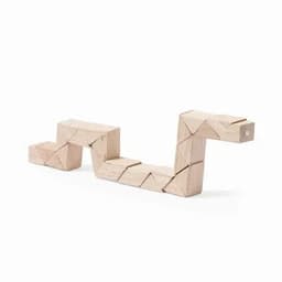 A wooden puzzle toy in a snake shape, featuring natural wood colour and geometric segments.