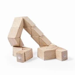 A set of wooden blocks arranged in a curved shape, showcasing natural wood colour and geometric design.